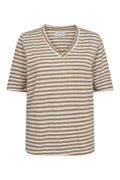 Ulla Ss Vneck Stripe Tshirt | Hellbraun Weiß Streifen | T-Shirt von Liberté – nedsat